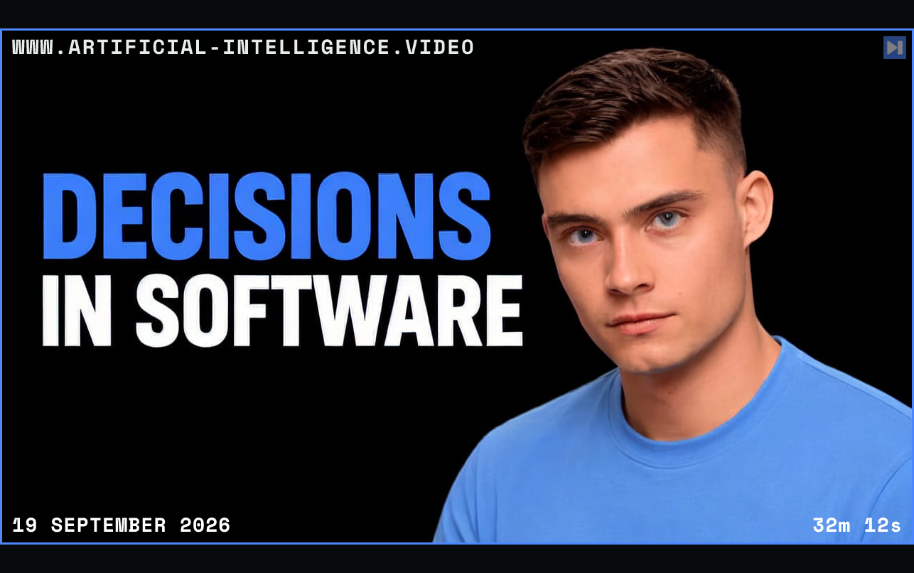 David Ondrej against a black background beside the blue-and-white headline “DECISIONS IN SOFTWARE”. Framed in blue with WWW.ARTIFICIAL-INTELLIGENCE.VIDEO, 19 September 2026 and duration 32m 12s.