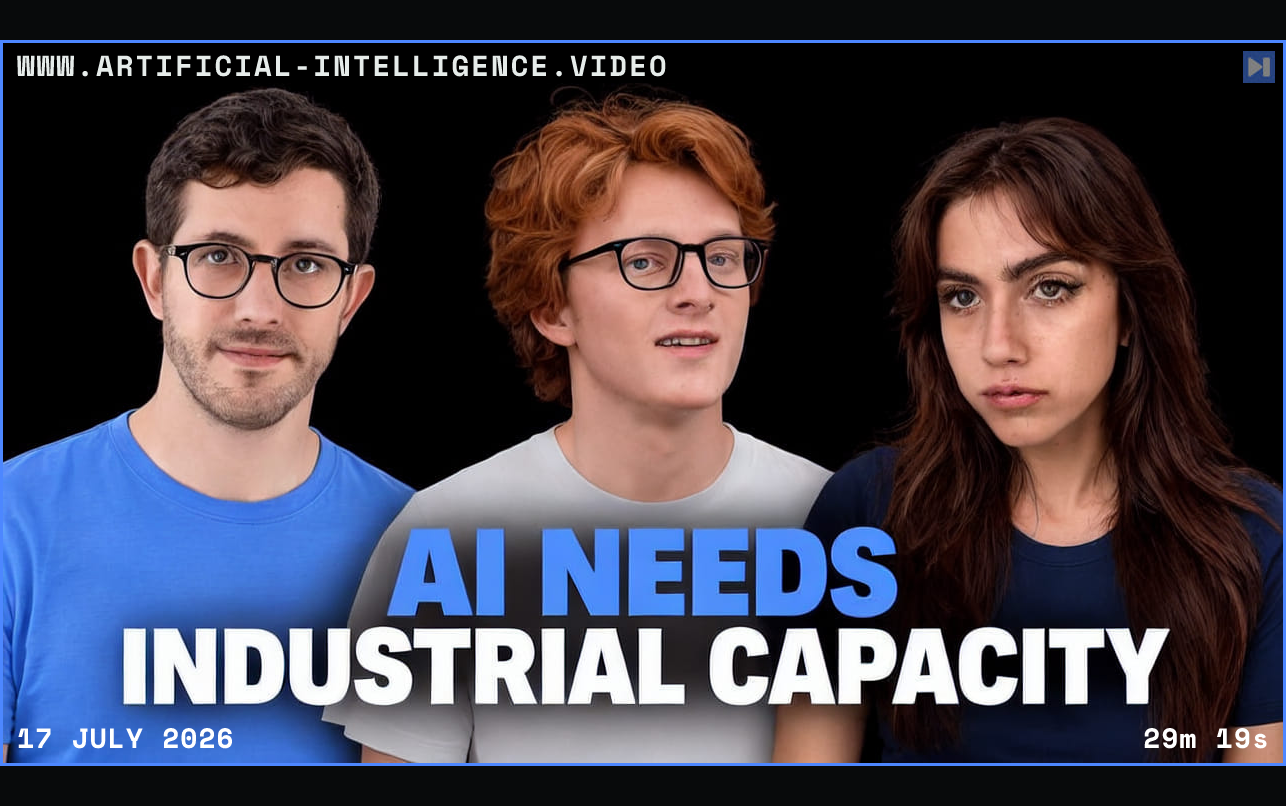 Josh Zoffer, Theo Jaffee, Sofia Puccini beside the blue and white headline AI NEEDS INDUSTRIAL CAPACITY on a black background. Framed in blue with WWW.ARTIFICIAL-INTELLIGENCE.VIDEO, 17 July 2026 and duration 29m 19s.