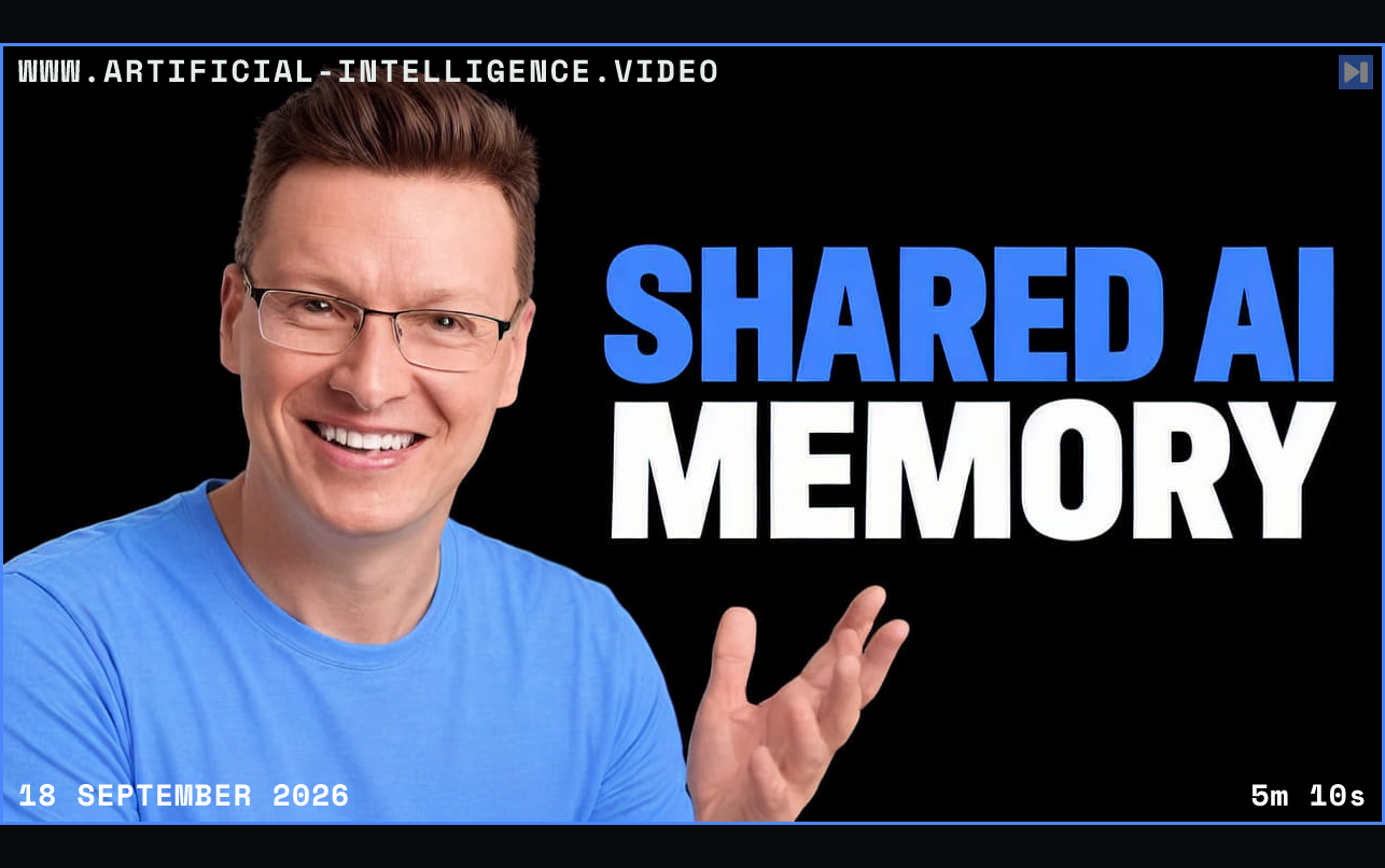 Károly Zsolnai-Fehér in a photographic portrait composition on black beside the blue-and-white headline “SHARED AI MEMORY”. Framed in blue with WWW.ARTIFICIAL-INTELLIGENCE.VIDEO, 18 September 2026 and duration 5m 10s.