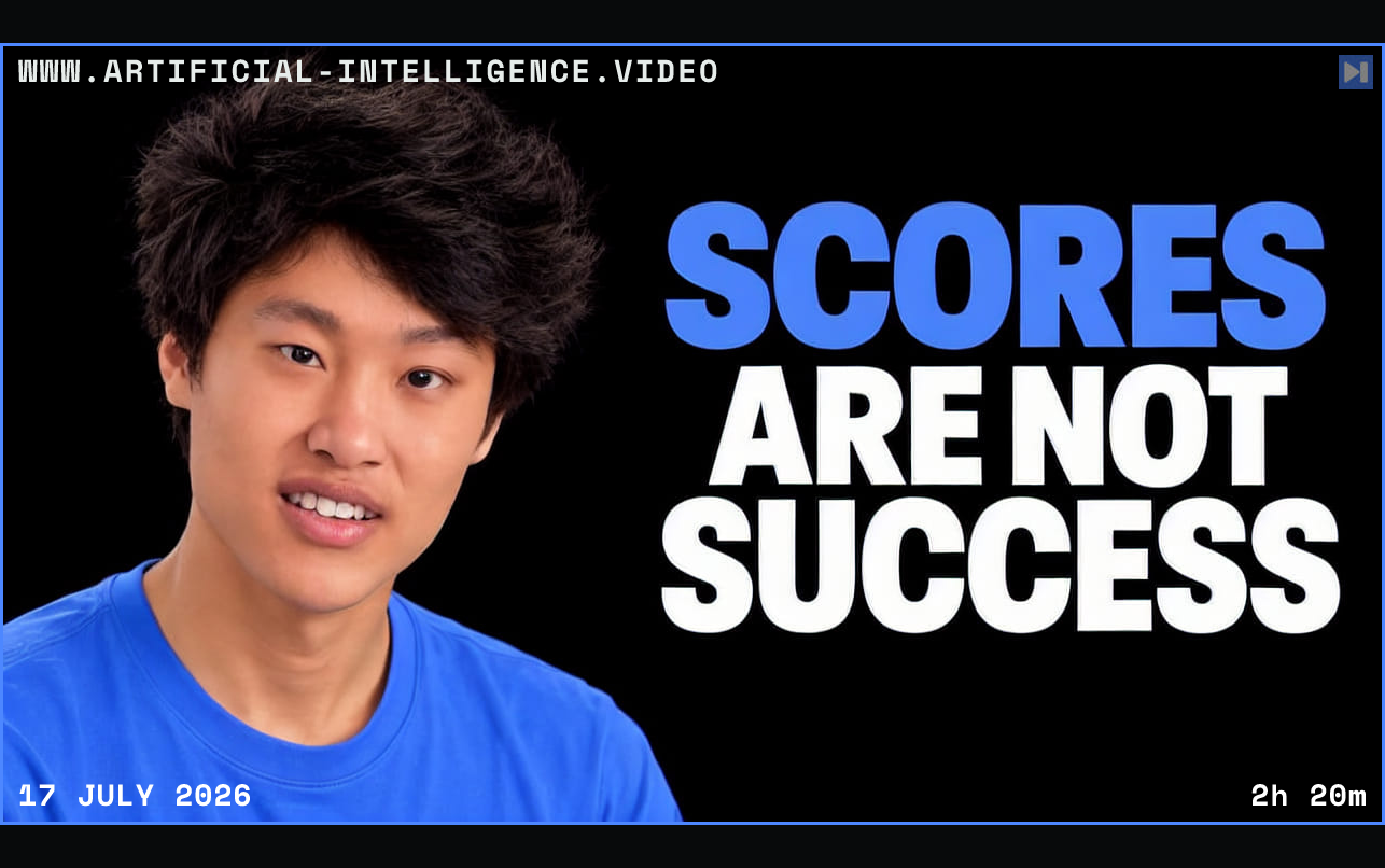 Daniel Han against a black background beside the blue and white headline "SCORES ARE NOT SUCCESS". Framed in blue with WWW.ARTIFICIAL-INTELLIGENCE.VIDEO, 17 July 2026 and duration 2h 20m.