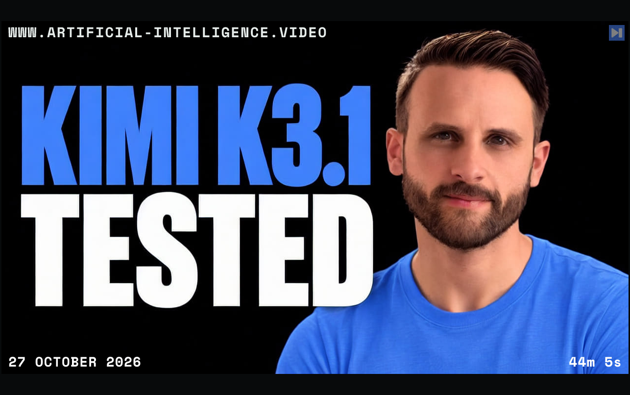 Pat Simmons in a blue T-shirt beside the words KIMI K3.1 TESTED on a black background. With WWW.ARTIFICIAL-INTELLIGENCE.VIDEO, 27 October 2026 and duration 44m 5s.