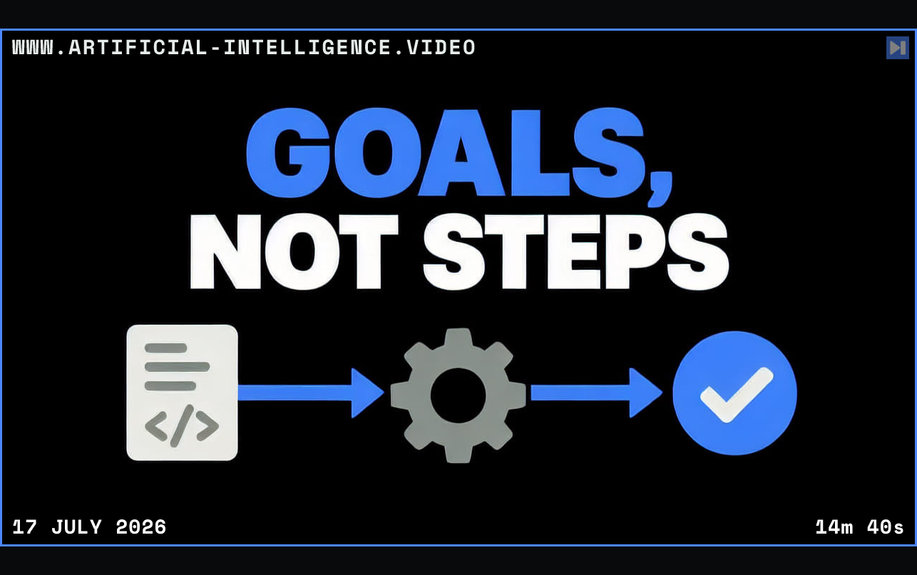 A flat coding document, gear and check-mark workflow below the blue and white headline GOALS, NOT STEPS on black. Framed in blue with WWW.ARTIFICIAL-INTELLIGENCE.VIDEO, 17 July 2026 and duration 14m 40s.