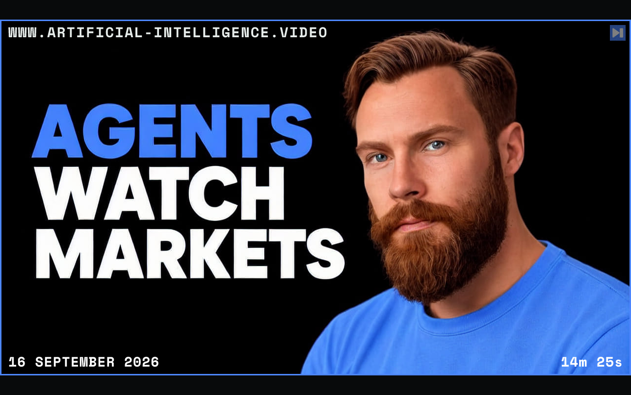 Kristian Fagerlie in a blue top beside the blue and white headline “AGENTS WATCH MARKETS” on black. Framed in blue with WWW.ARTIFICIAL-INTELLIGENCE.VIDEO, 16 September 2026 and duration 14m 25s.