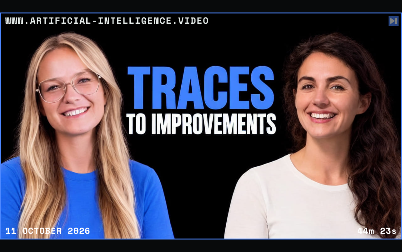Portraits of Annabell Schäfer, Lotte Verheyden on a black background with the blue and white headline "TRACES TO IMPROVEMENTS". Framed in blue with WWW.ARTIFICIAL-INTELLIGENCE.VIDEO, 11 October 2026 and duration 44m 23s.