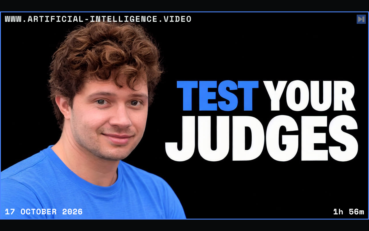 Laurie Voss against a black background with the blue-and-white headline "TEST YOUR JUDGES". Framed in blue with WWW.ARTIFICIAL-INTELLIGENCE.VIDEO, 17 October 2026 and duration 1h 56m.
