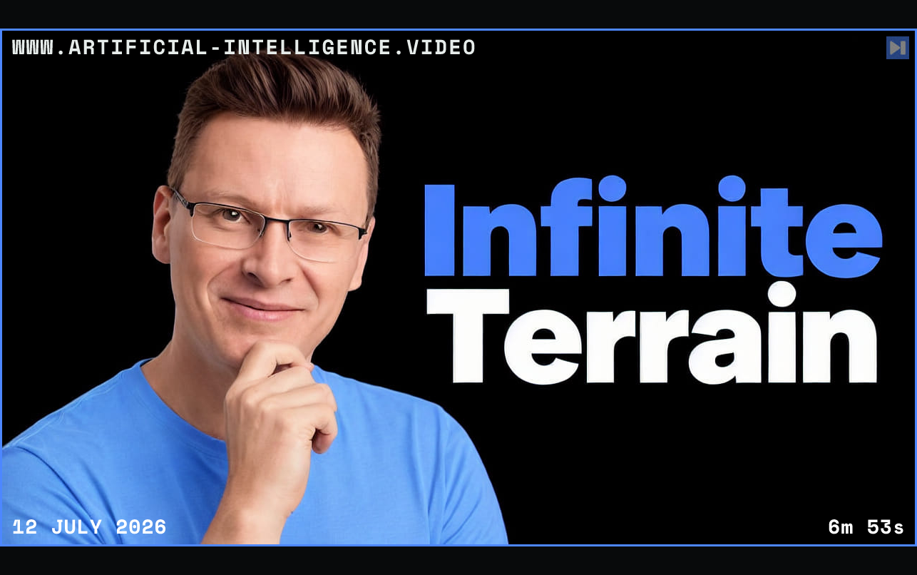 Károly Zsolnai-Fehér in a blue top with one hand at his chin beside the blue-and-white headline “Infinite Terrain” on black. Framed in blue with WWW.ARTIFICIAL-INTELLIGENCE.VIDEO, 12 July 2026 and duration 6m 53s.