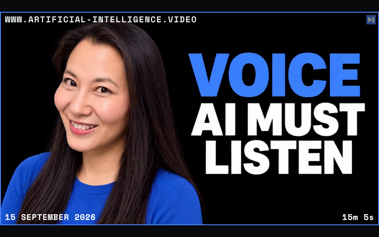 Midam Kim against a black background beside the blue and white headline "VOICE AI MUST LISTEN". Framed in blue with WWW.ARTIFICIAL-INTELLIGENCE.VIDEO, 15 September 2026 and duration 15m 5s.