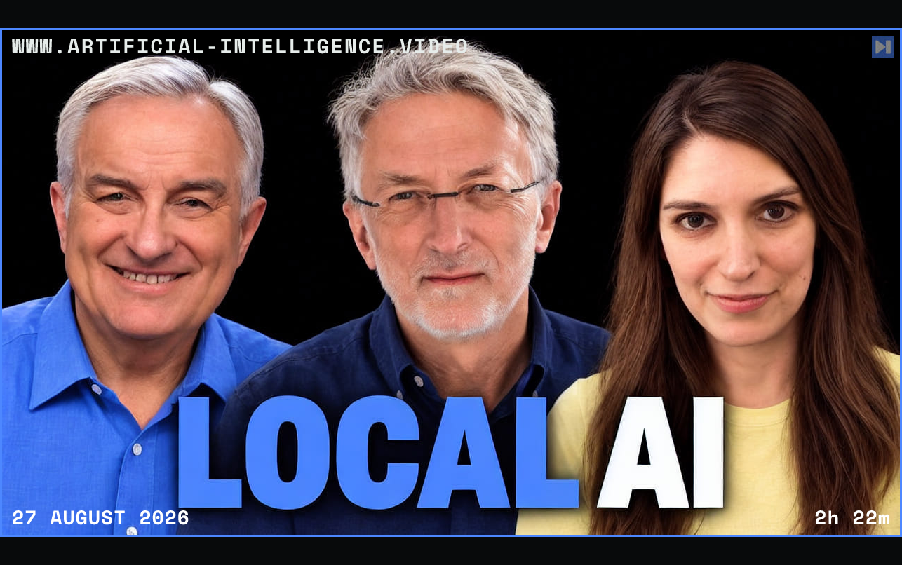 Leo Laporte, Jeff Jarvis and Christina Warren beside the headline Local AI on a black background. Framed in blue with WWW.ARTIFICIAL-INTELLIGENCE.VIDEO, 27 August 2026 and duration 2h 22m.