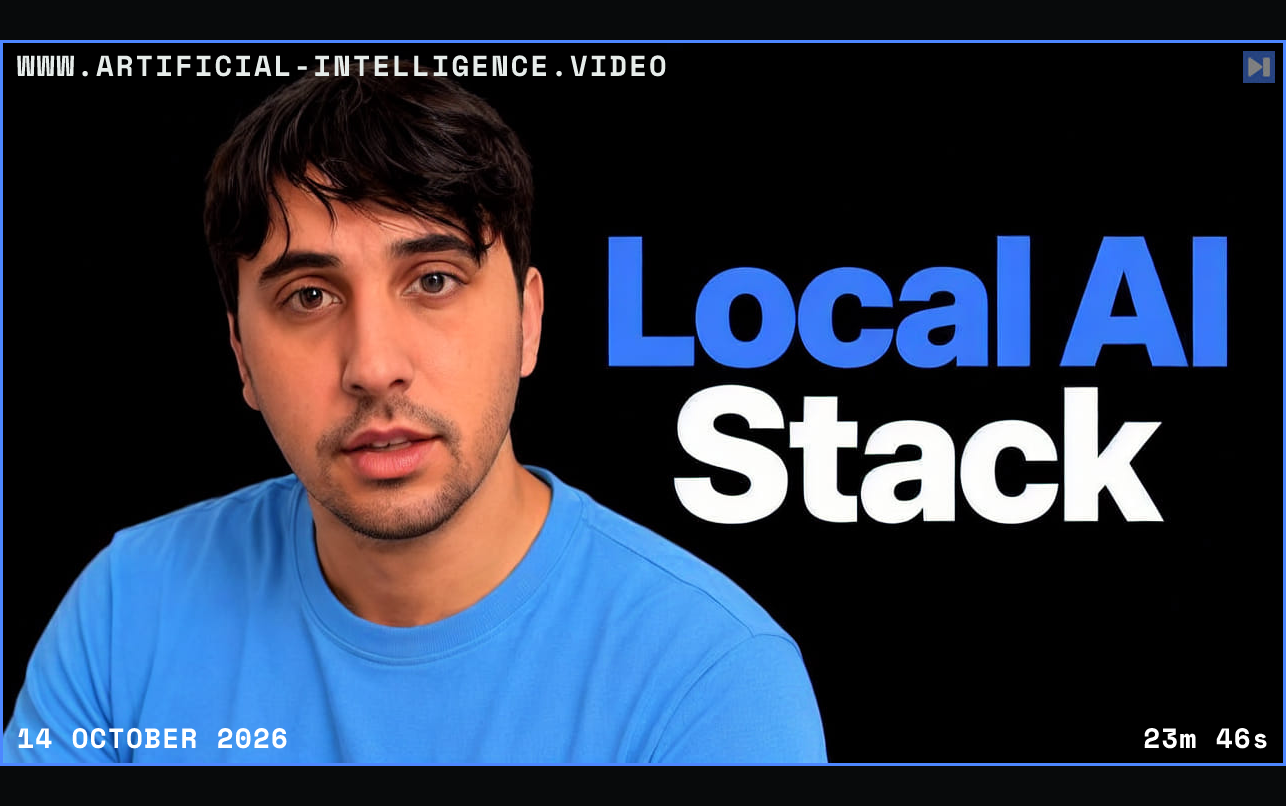 0xSero in a blue top beside the blue-and-white headline Local AI Stack against a black background. Framed in blue with WWW.ARTIFICIAL-INTELLIGENCE.VIDEO, 14 October 2026 and duration 23m 46s.