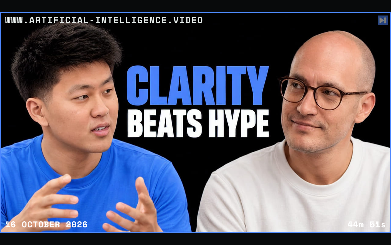 Nate Herk in blue gestures toward Matt Pocock in white beside the blue and white headline "CLARITY BEATS HYPE" on black. Framed in blue with WWW.ARTIFICIAL-INTELLIGENCE.VIDEO, 16 October 2026 and duration 44m 51s.