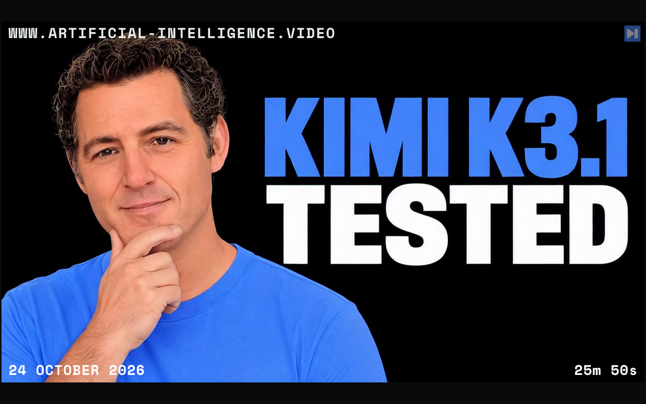 Matthew Berman beside the blue and white words Kimi K3.1 Tested on black. With WWW.ARTIFICIAL-INTELLIGENCE.VIDEO, 24 October 2026 and duration 25m 50s.