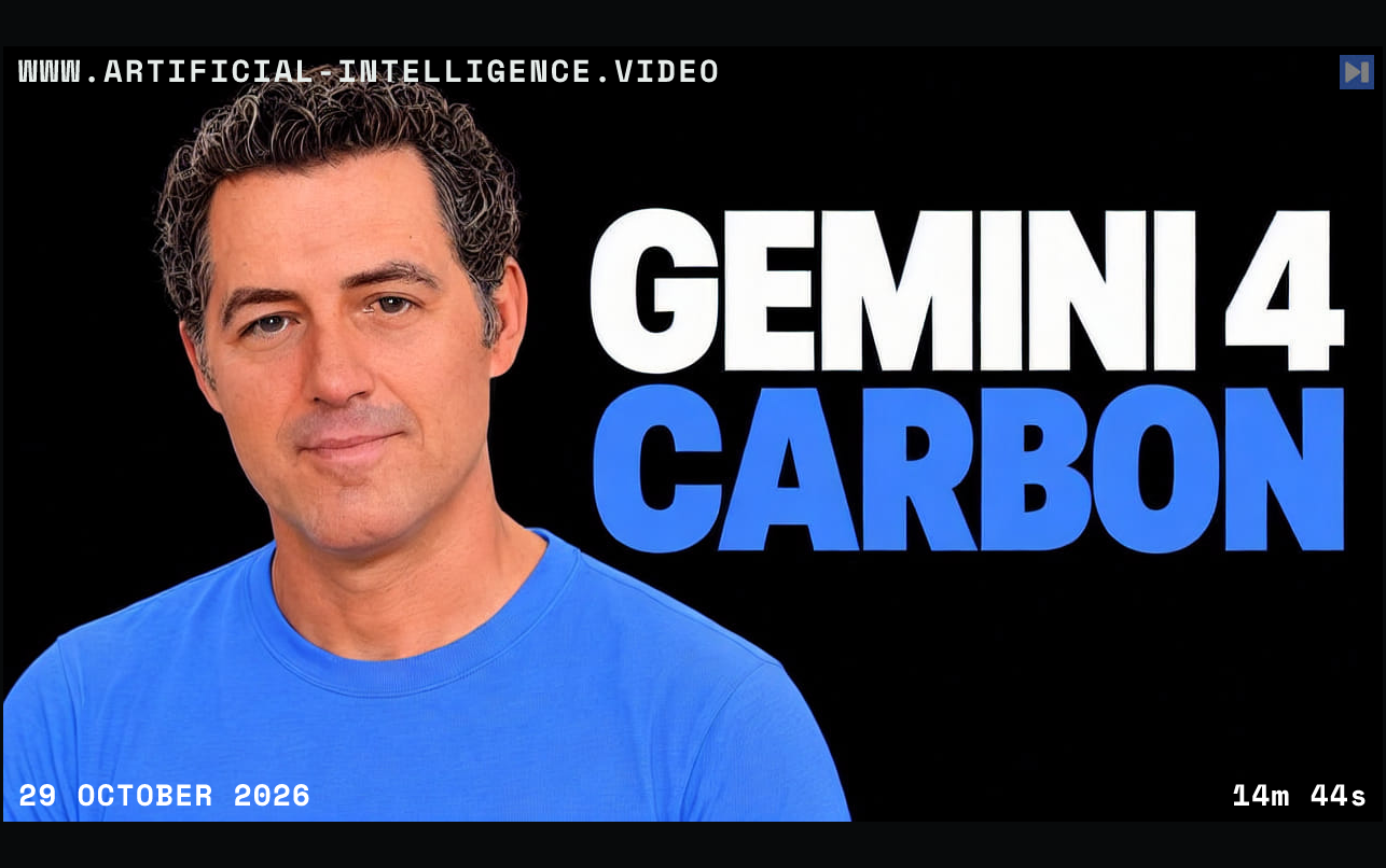 Matthew Berman beside the white and blue words Gemini 4 Carbon on black. With WWW.ARTIFICIAL-INTELLIGENCE.VIDEO, 29 October 2026 and duration 14m 44s.