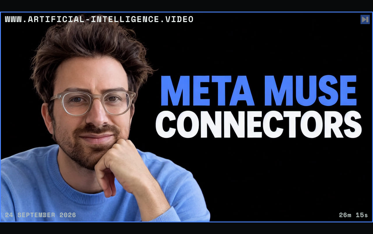 Greg Isenberg in clear glasses with a hand at his chin beside the blue-and-white headline “META MUSE CONNECTORS” on black. Framed in blue with WWW.ARTIFICIAL-INTELLIGENCE.VIDEO, 24 September 2026 and duration 26m 15s.