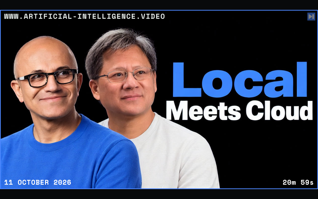 Satya Nadella in blue and Jensen Huang in white against black beside the blue-and-white headline “Local Meets Cloud”. Framed in blue with WWW.ARTIFICIAL-INTELLIGENCE.VIDEO, 11 October 2026 and duration 20m 59s.