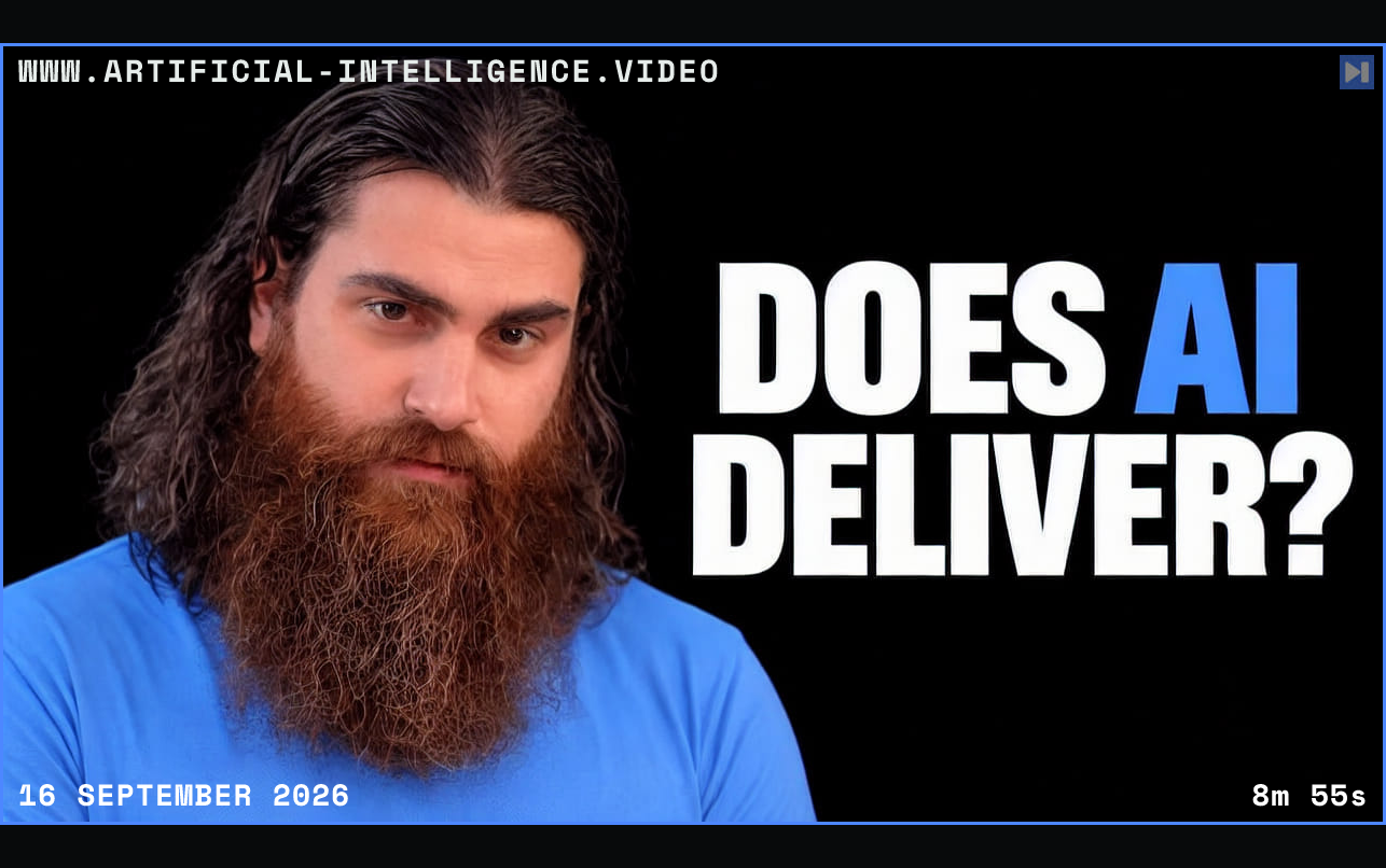 Mo Bitar in a blue top beside the white and blue headline “DOES AI DELIVER?” on black. Framed in blue with WWW.ARTIFICIAL-INTELLIGENCE.VIDEO, 16 September 2026 and duration 8m 55s.