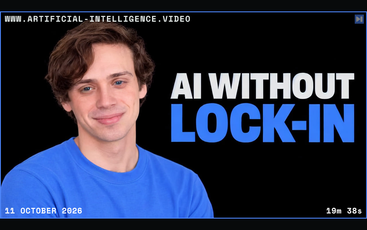 Remy Guercio in a plain blue top against pure black beside the white and blue headline AI WITHOUT LOCK-IN. Framed in blue with WWW.ARTIFICIAL-INTELLIGENCE.VIDEO, 11 October 2026 and duration 19m 38s.