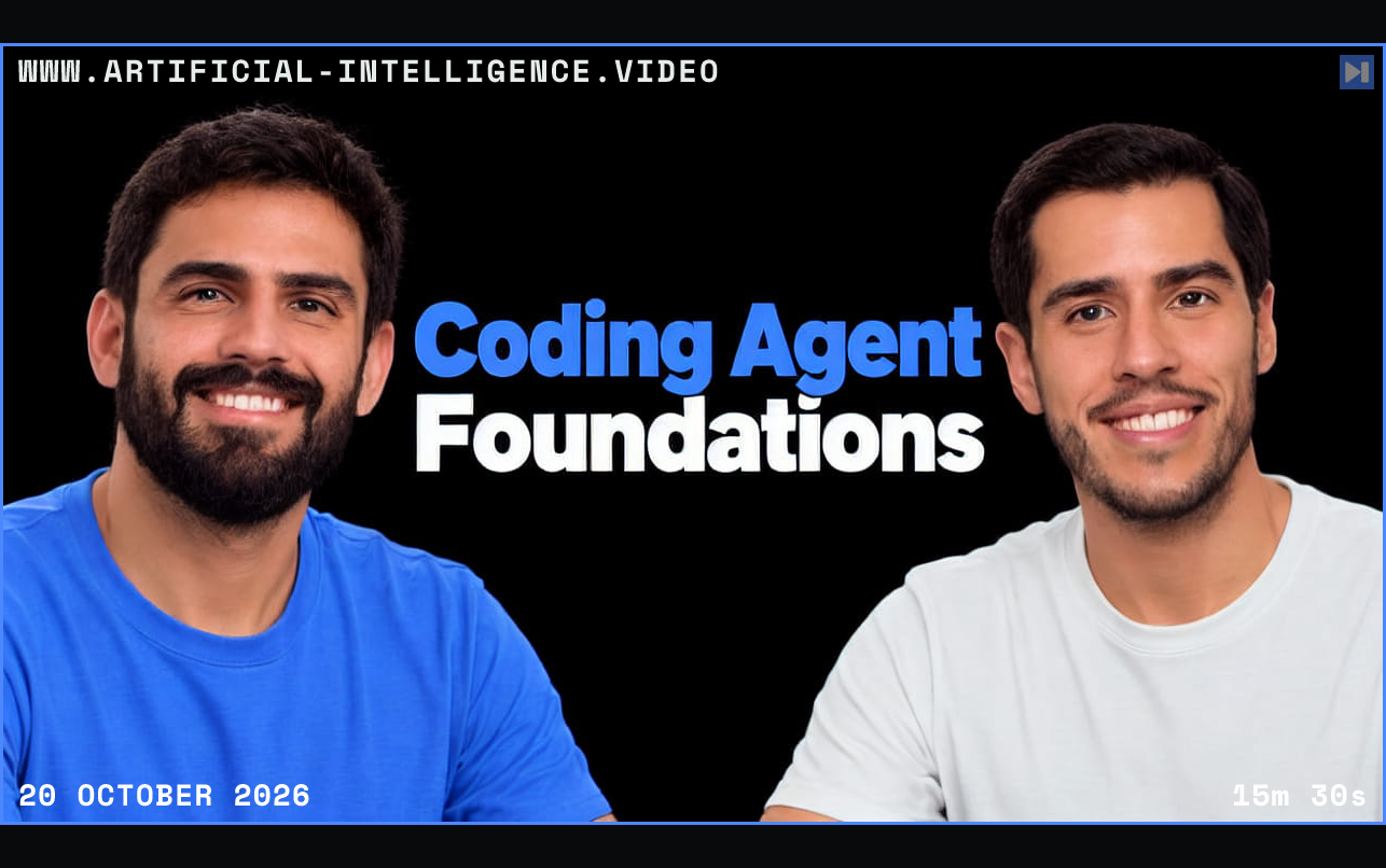 Felippe Felisola Caso and Francesco Galletta against black beside the blue and white headline Coding Agent Foundations. Framed in blue with WWW.ARTIFICIAL-INTELLIGENCE.VIDEO, 20 October 2026 and duration 15m 30s.