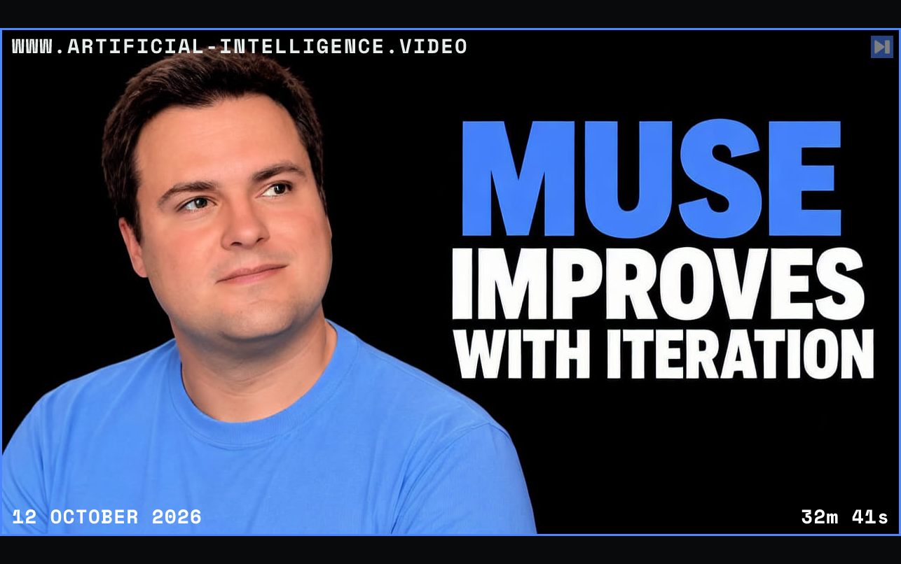 Bijan Bowen in a blue top at left beside the blue and white headline MUSE IMPROVES WITH ITERATION on a black background. Framed in blue with WWW.ARTIFICIAL-INTELLIGENCE.VIDEO, 12 October 2026 and duration 32m 41s.