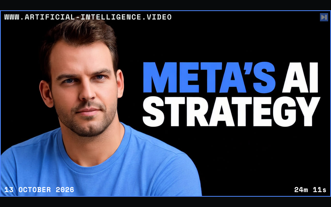 Editorial portrait of Nathaniel Whittemore beside the blue-and-white headline META’S AI STRATEGY against black. Framed in blue with WWW.ARTIFICIAL-INTELLIGENCE.VIDEO, 13 October 2026 and duration 24m 11s.