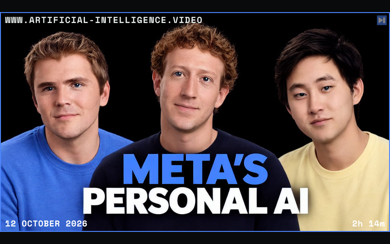 John Collison, Mark Zuckerberg and Alexandr Wang from left to right, with blue and white text reading “Meta’s personal AI” on black. Framed in blue with WWW.ARTIFICIAL-INTELLIGENCE.VIDEO, 12 October 2026 and duration 2h 14m.
