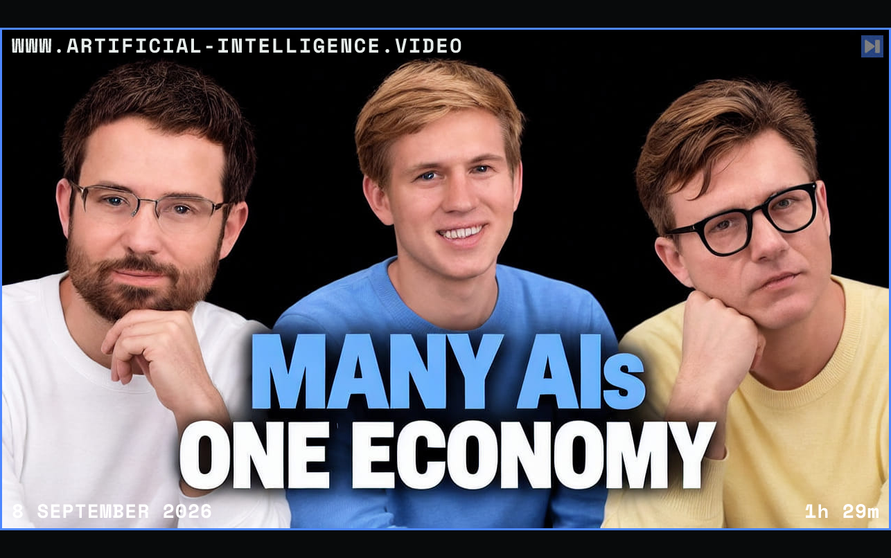 Daniel Kokotajlo, Thomas Larsen and Tim Scarfe discussing specialized AI collectives and safeguards for advanced AI. Framed in blue with WWW.ARTIFICIAL-INTELLIGENCE.VIDEO, 8 September 2026 and duration 1h 29m.
