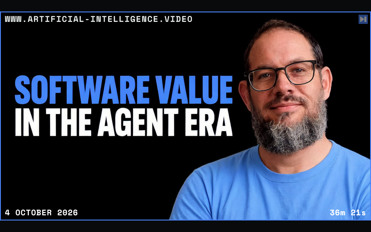 Nate B Jones wearing glasses and a blue top beside the “SOFTWARE VALUE IN THE AGENT ERA” headline on black. Framed in blue with WWW.ARTIFICIAL-INTELLIGENCE.VIDEO, 4 October 2026 and duration 36m 21s.