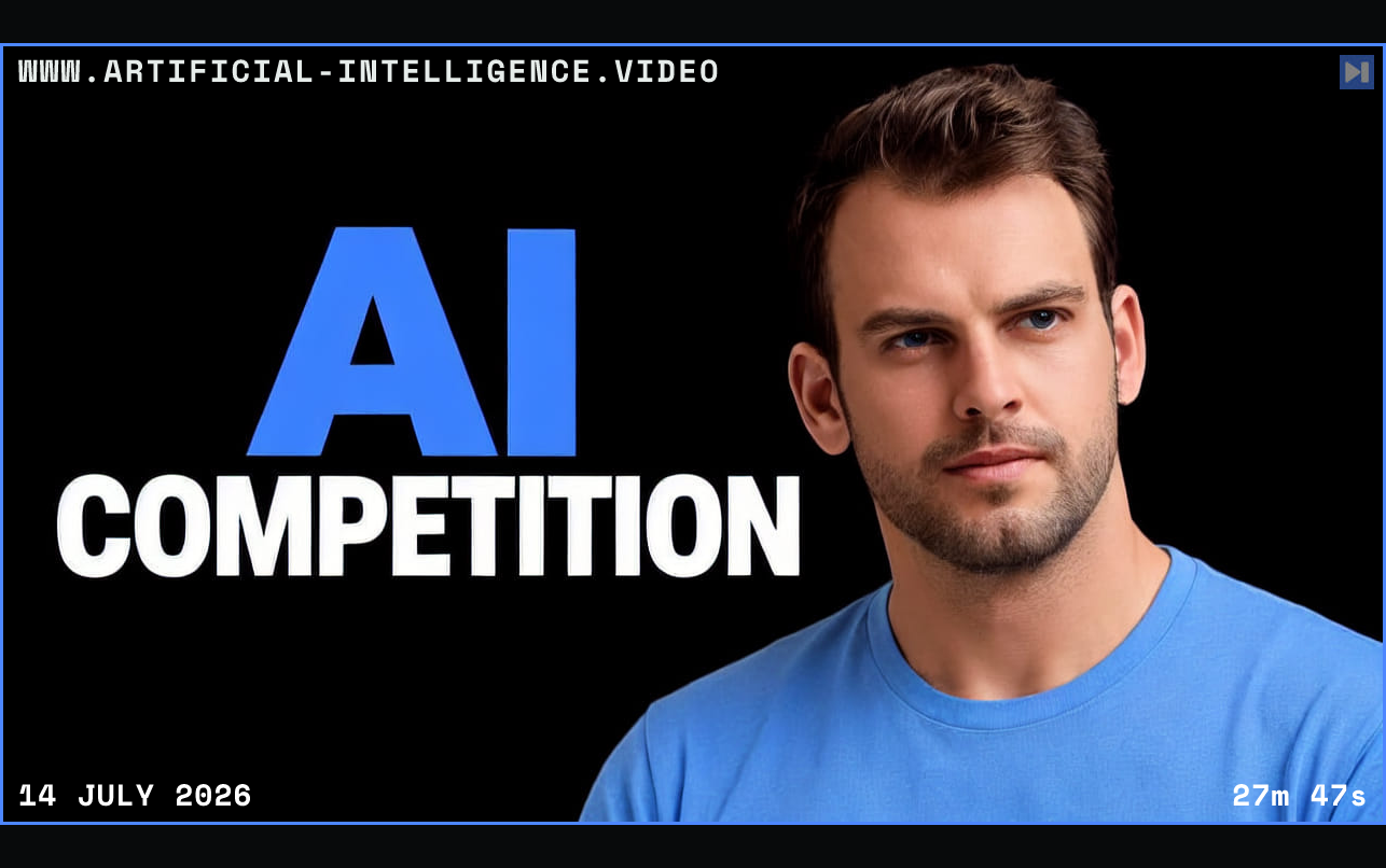 Nathaniel Whittemore in a blue shirt against a black background beside the blue-and-white headline "AI COMPETITION". Framed in blue with WWW.ARTIFICIAL-INTELLIGENCE.VIDEO, 14 July 2026 and duration 27m 47s.