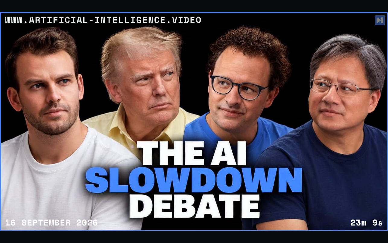 Nathaniel Whittemore, Donald Trump, Dario Amodei and Jensen Huang above the blue and white headline “THE AI SLOWDOWN DEBATE” on black. Framed in blue with WWW.ARTIFICIAL-INTELLIGENCE.VIDEO, 16 September 2026 and duration 23m 9s.