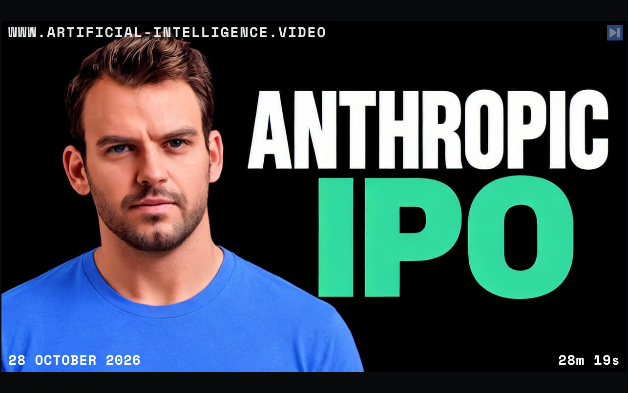 Nathaniel Whittemore in a blue T-shirt beside the white and green headline ANTHROPIC IPO on a black background. With WWW.ARTIFICIAL-INTELLIGENCE.VIDEO, 28 October 2026 and duration 28m 19s.
