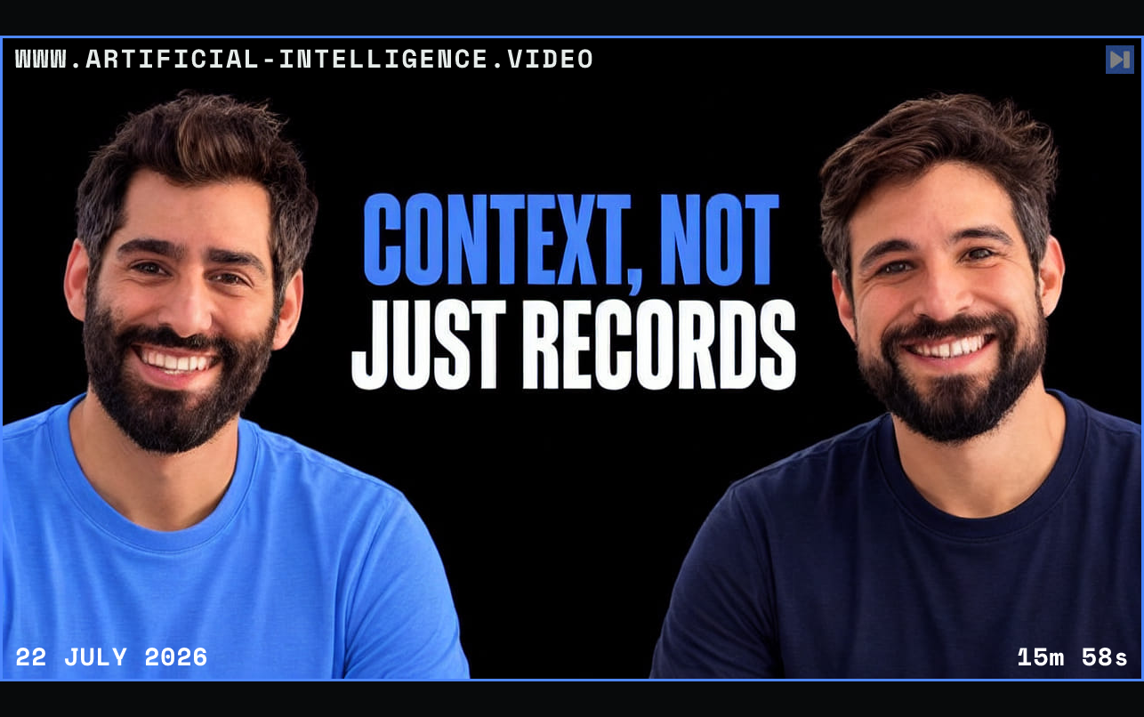 Omri Bruchim, Tomer Ast beside the blue and white headline “CONTEXT, NOT JUST RECORDS” on a black background. Framed in blue with WWW.ARTIFICIAL-INTELLIGENCE.VIDEO, 22 July 2026 and duration 15m 58s.