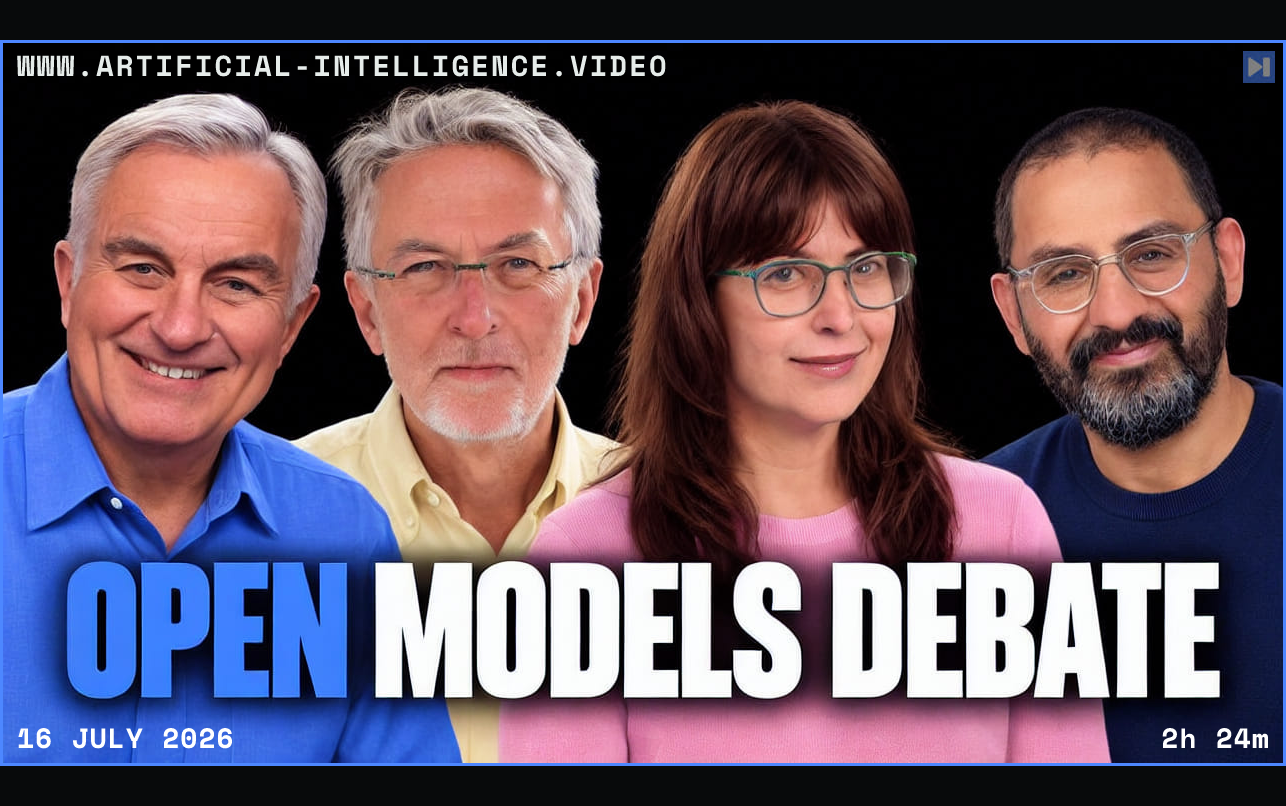 Portraits of Leo Laporte, Jeff Jarvis, Paris Martineau, Raffi Krikorian against black with the headline OPEN MODELS DEBATE in attention blue and white. Framed in blue with WWW.ARTIFICIAL-INTELLIGENCE.VIDEO, 16 July 2026 and duration 2h 24m.