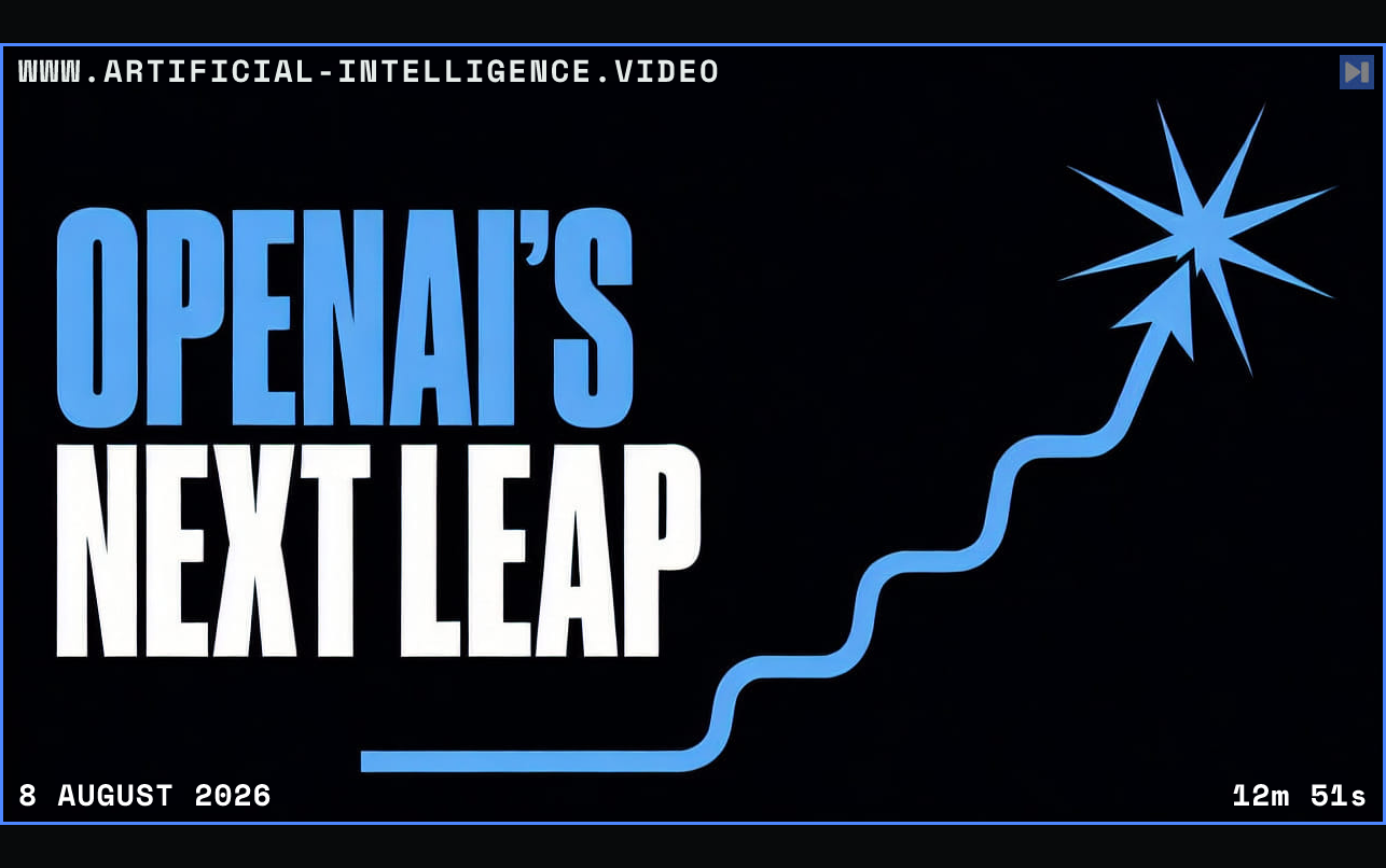 A flat capability curve beside the headline OpenAI's Next Leap Framed in blue with WWW.ARTIFICIAL-INTELLIGENCE.VIDEO, 8 August 2026 and duration 12m 51s.