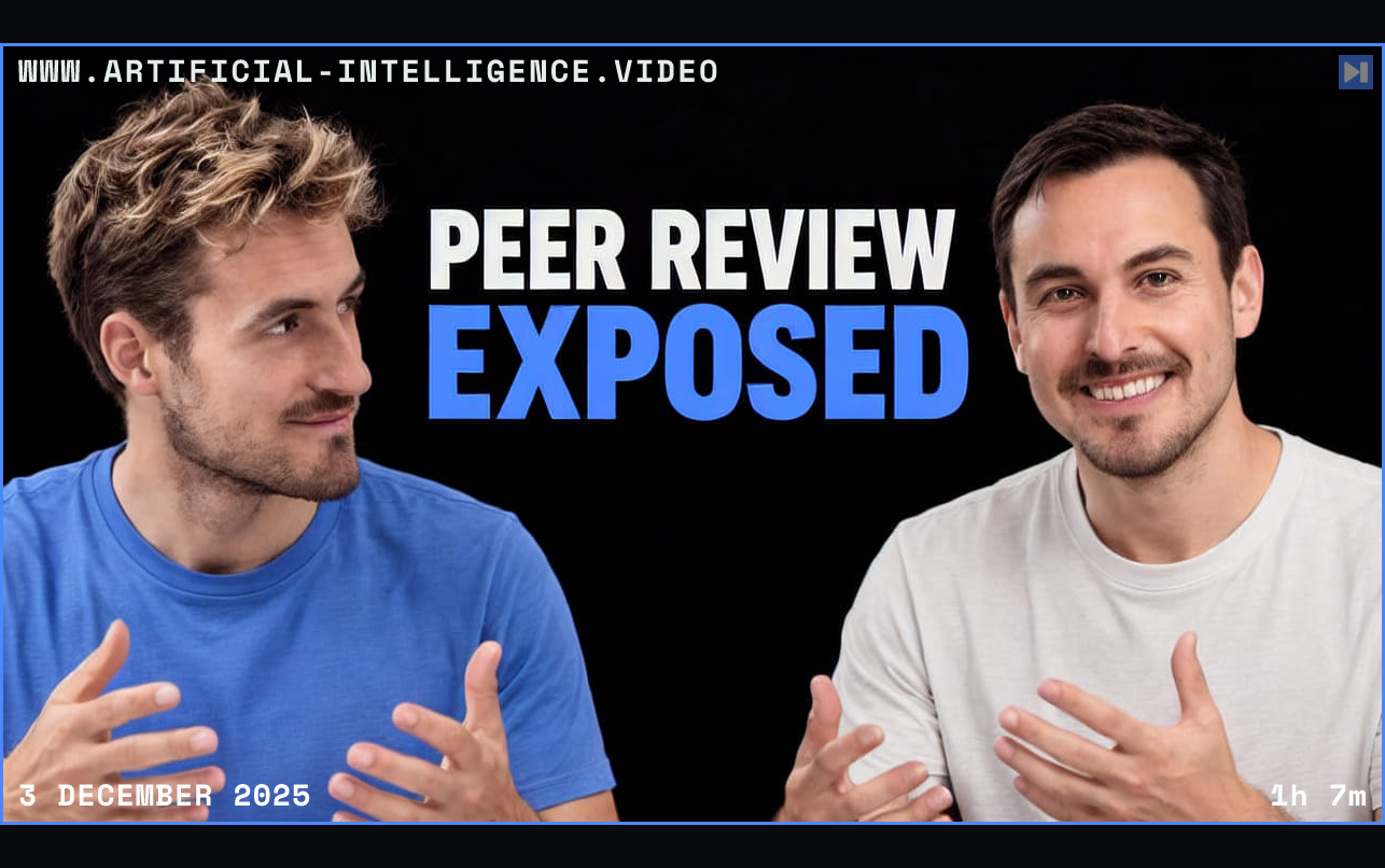 Pierce Freeman and Richard Diehl Martinez in blue and white tops against black, alongside the blue and white headline "PEER REVIEW EXPOSED". Framed in blue with WWW.ARTIFICIAL-INTELLIGENCE.VIDEO, 3 December 2025 and duration 1h 7m.