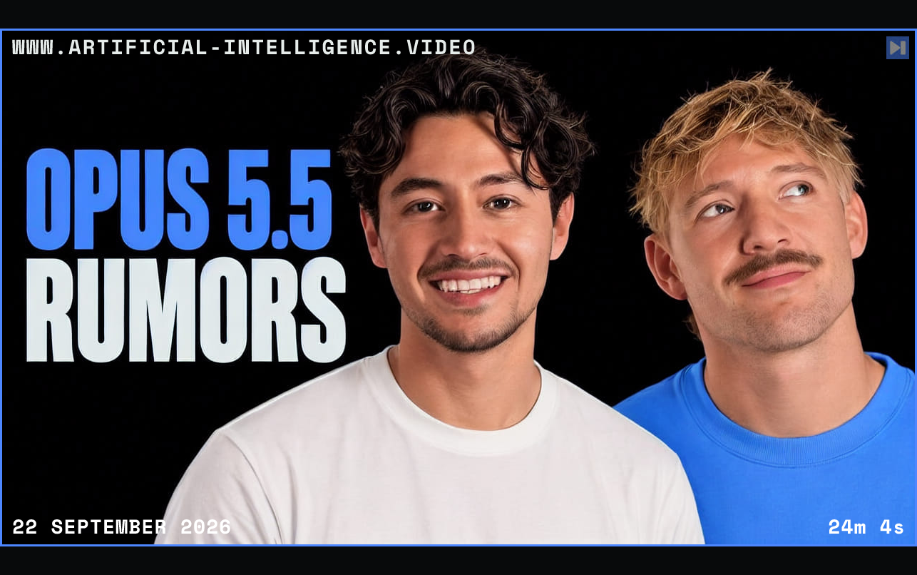 Nick Saraev in an off-white shirt and Jack Roberts in an attention-blue shirt beside the stacked blue and off-white headline OPUS 5.5 RUMORS on a black background. Framed in blue with WWW.ARTIFICIAL-INTELLIGENCE.VIDEO, 22 September 2026 and duration 24m 4s.
