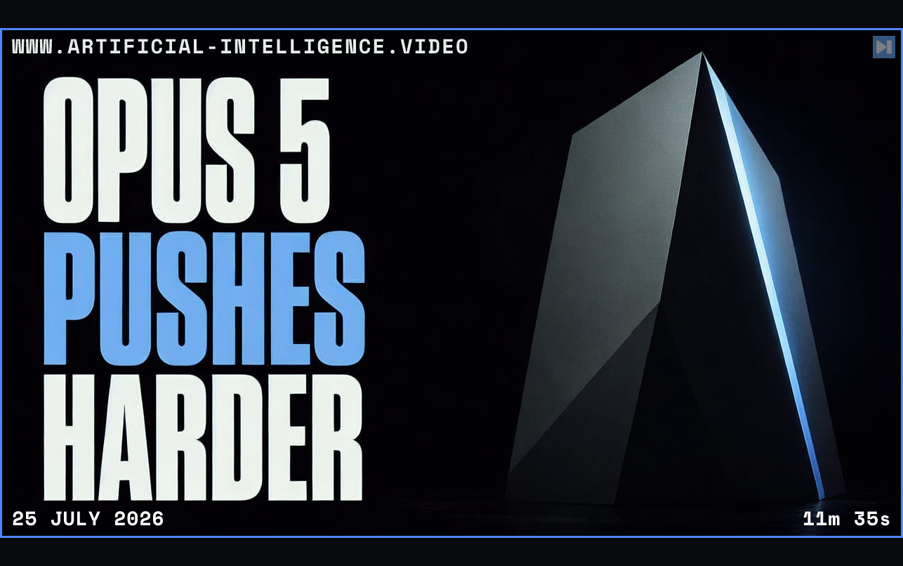 The words Opus 5 Pushes Harder beside a single dark monolith Framed in blue with WWW.ARTIFICIAL-INTELLIGENCE.VIDEO, 25 July 2026 and duration 11m 35s.