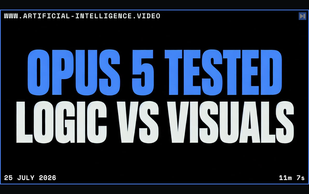 Blue “OPUS 5 TESTED” above white “LOGIC VS VISUALS” on a plain black background, with no people. Framed in blue with WWW.ARTIFICIAL-INTELLIGENCE.VIDEO, 25 July 2026 and duration 11m 7s.