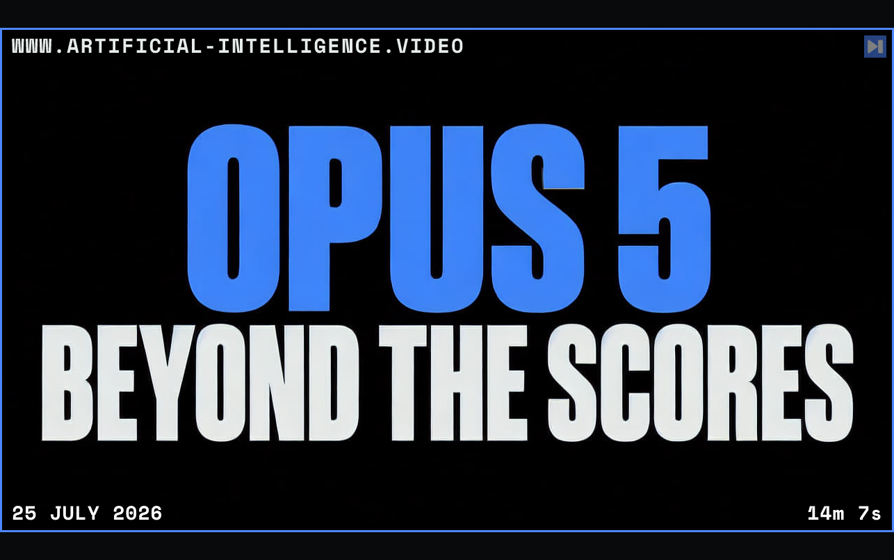 Blue “OPUS 5” above white “BEYOND THE SCORES” on a plain black background, with no people. Framed in blue with WWW.ARTIFICIAL-INTELLIGENCE.VIDEO, 25 July 2026 and duration 14m 7s.