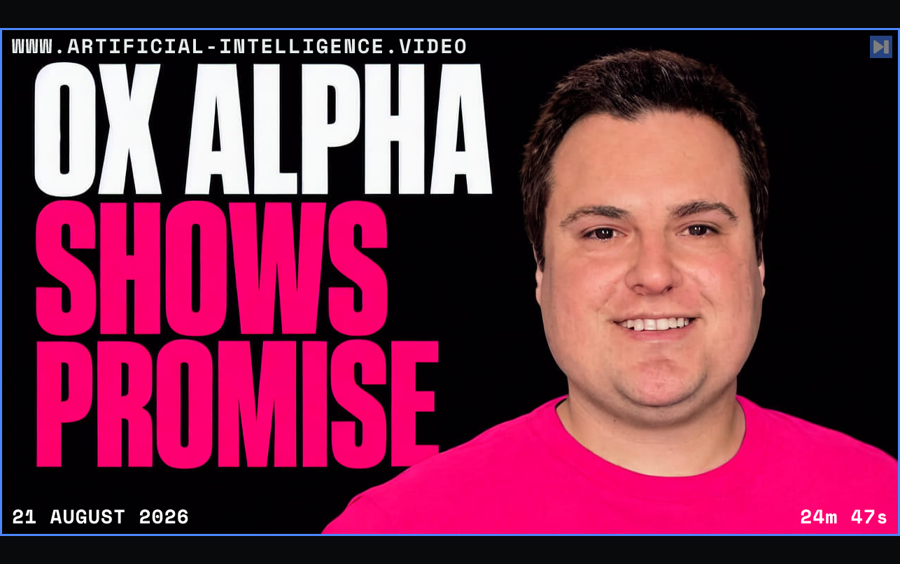 Smiling Bijan Bowen in a pink T-shirt beside OX ALPHA in white and SHOWS PROMISE in pink on black. Framed in blue with WWW.ARTIFICIAL-INTELLIGENCE.VIDEO, 21 August 2026 and duration 24m 47s.