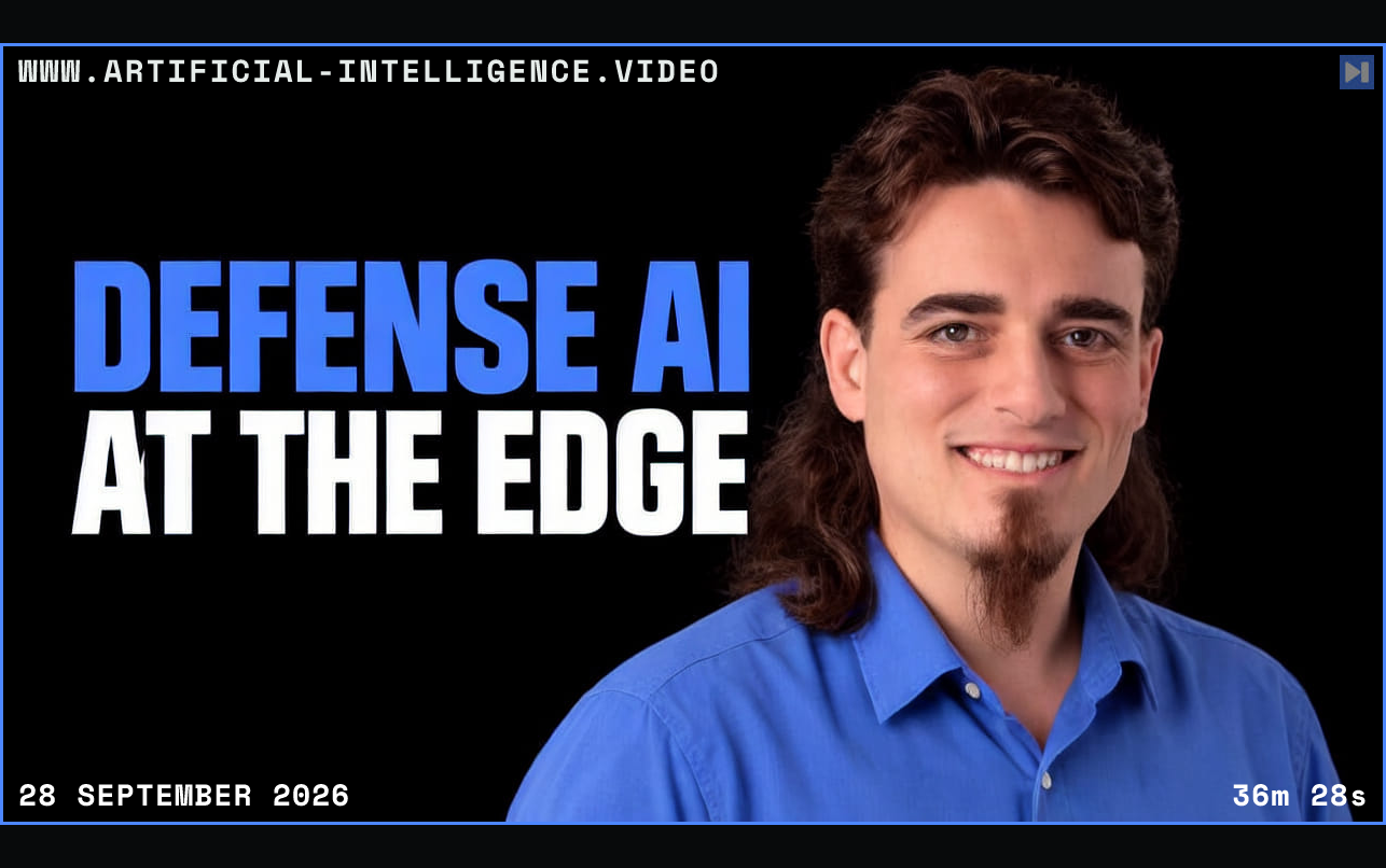 Palmer Luckey in a blue shirt at right beside the blue and white headline "DEFENSE AI AT THE EDGE" on black. Framed in blue with WWW.ARTIFICIAL-INTELLIGENCE.VIDEO, 28 September 2026 and duration 36m 28s.