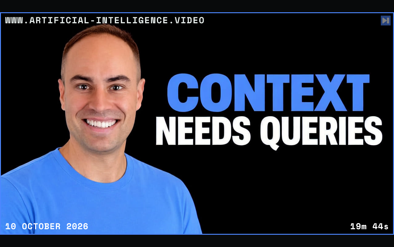 Peter Werry beside the blue and white headline CONTEXT NEEDS QUERIES on a black background. Framed in blue with WWW.ARTIFICIAL-INTELLIGENCE.VIDEO, 10 October 2026 and duration 19m 44s.