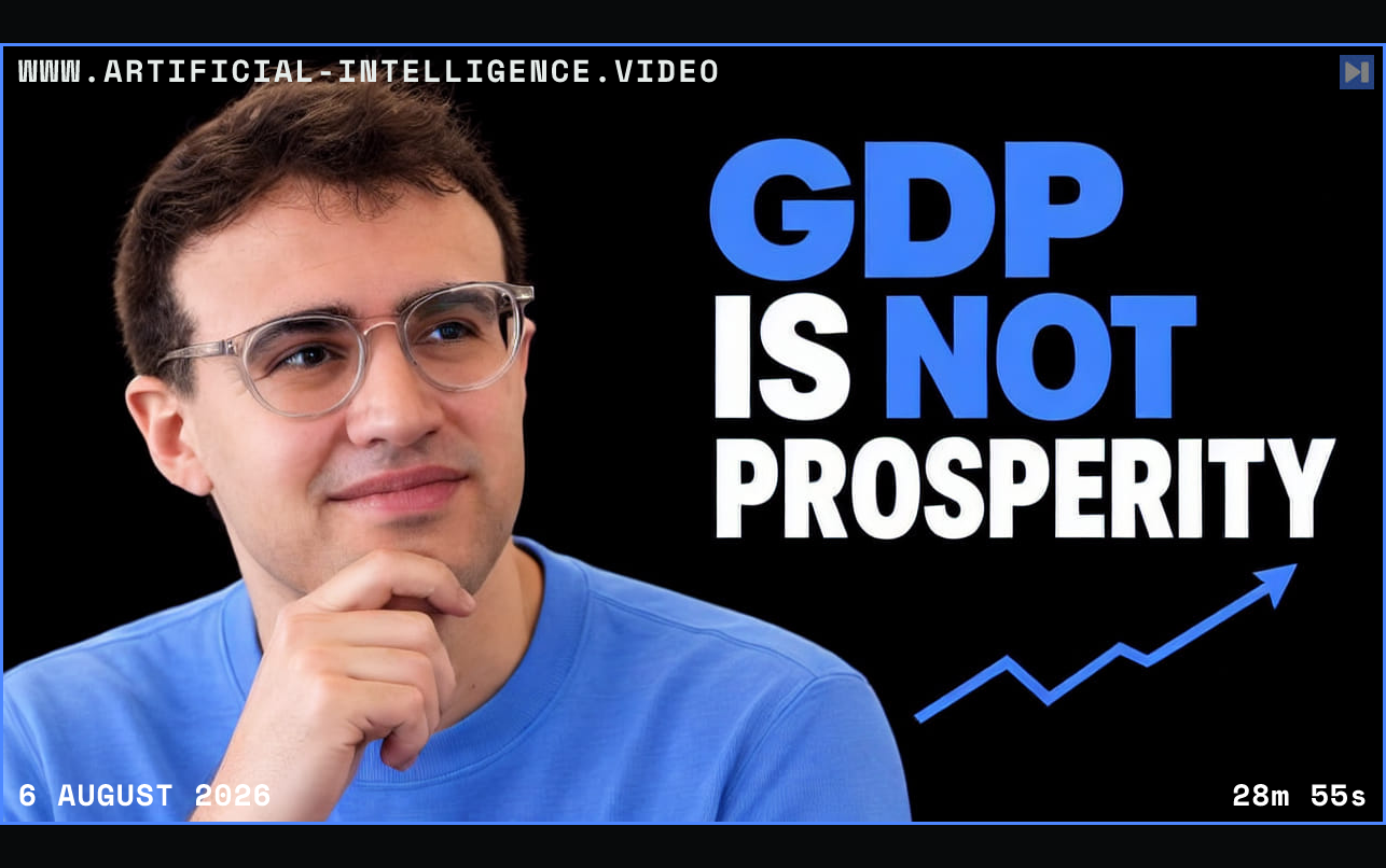 Philip Trammell beside the headline GDP IS NOT PROSPERITY and a rising blue arrow on a black background. Framed in blue with WWW.ARTIFICIAL-INTELLIGENCE.VIDEO, 6 August 2026 and duration 28m 55s.