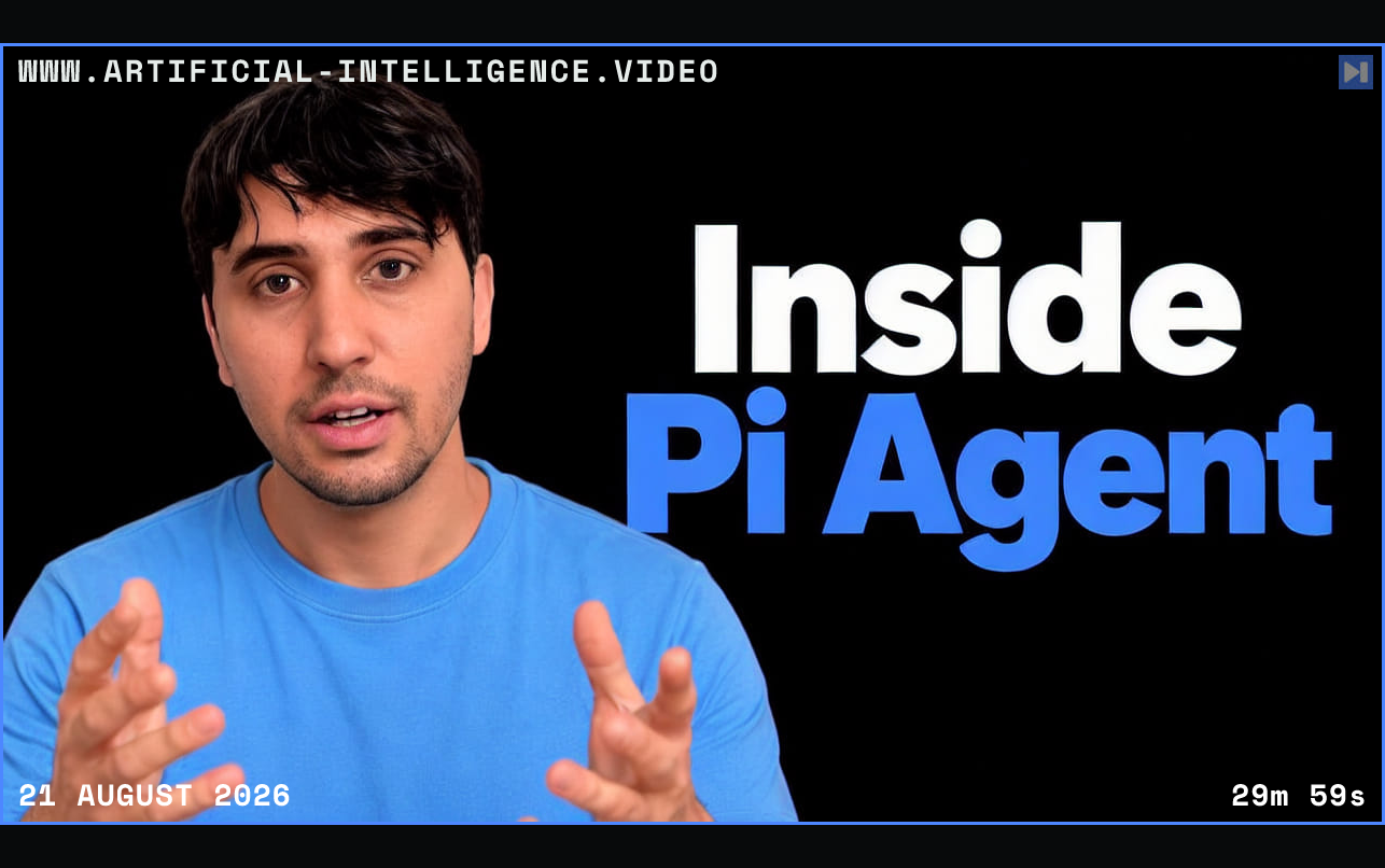 0xSero gesturing in a blue top beside the blue-and-white headline Inside Pi Agent on black. Framed in blue with WWW.ARTIFICIAL-INTELLIGENCE.VIDEO, 21 August 2026 and duration 29m 59s.