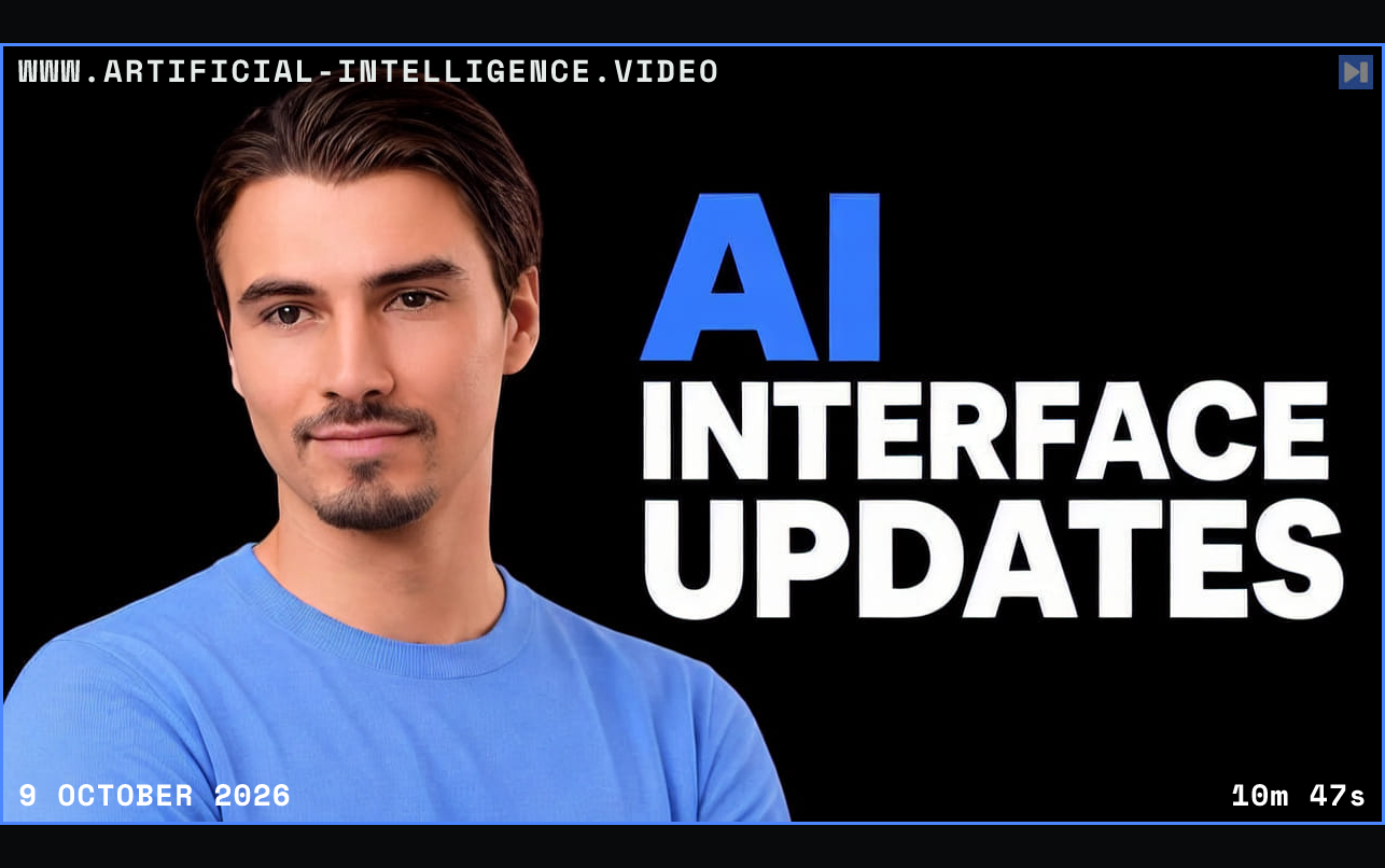 Portrait of Igor Pogany beside the blue-and-white headline "AI INTERFACE UPDATES" on a black background. Framed in blue with WWW.ARTIFICIAL-INTELLIGENCE.VIDEO, 9 October 2026 and duration 10m 47s.