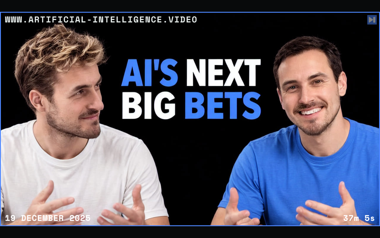 Pierce Freeman and Richard Diehl Martinez in blue and white tops against black, alongside the blue and white headline "AI'S NEXT BIG BETS". Framed in blue with WWW.ARTIFICIAL-INTELLIGENCE.VIDEO, 19 December 2025 and duration 37m 5s.