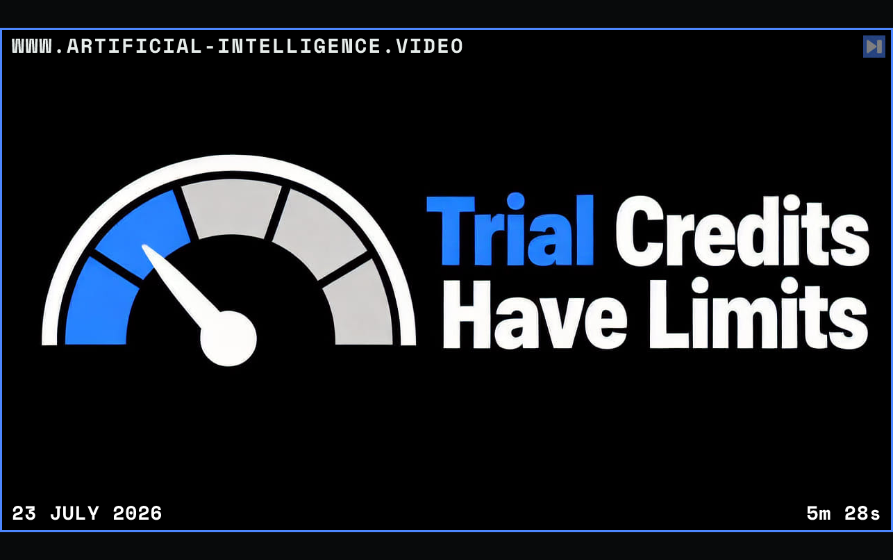 A flat credit meter illustration with the blue and white headline Trial Credits Have Limits on black. Framed in blue with WWW.ARTIFICIAL-INTELLIGENCE.VIDEO, 23 July 2026 and duration 5m 28s.