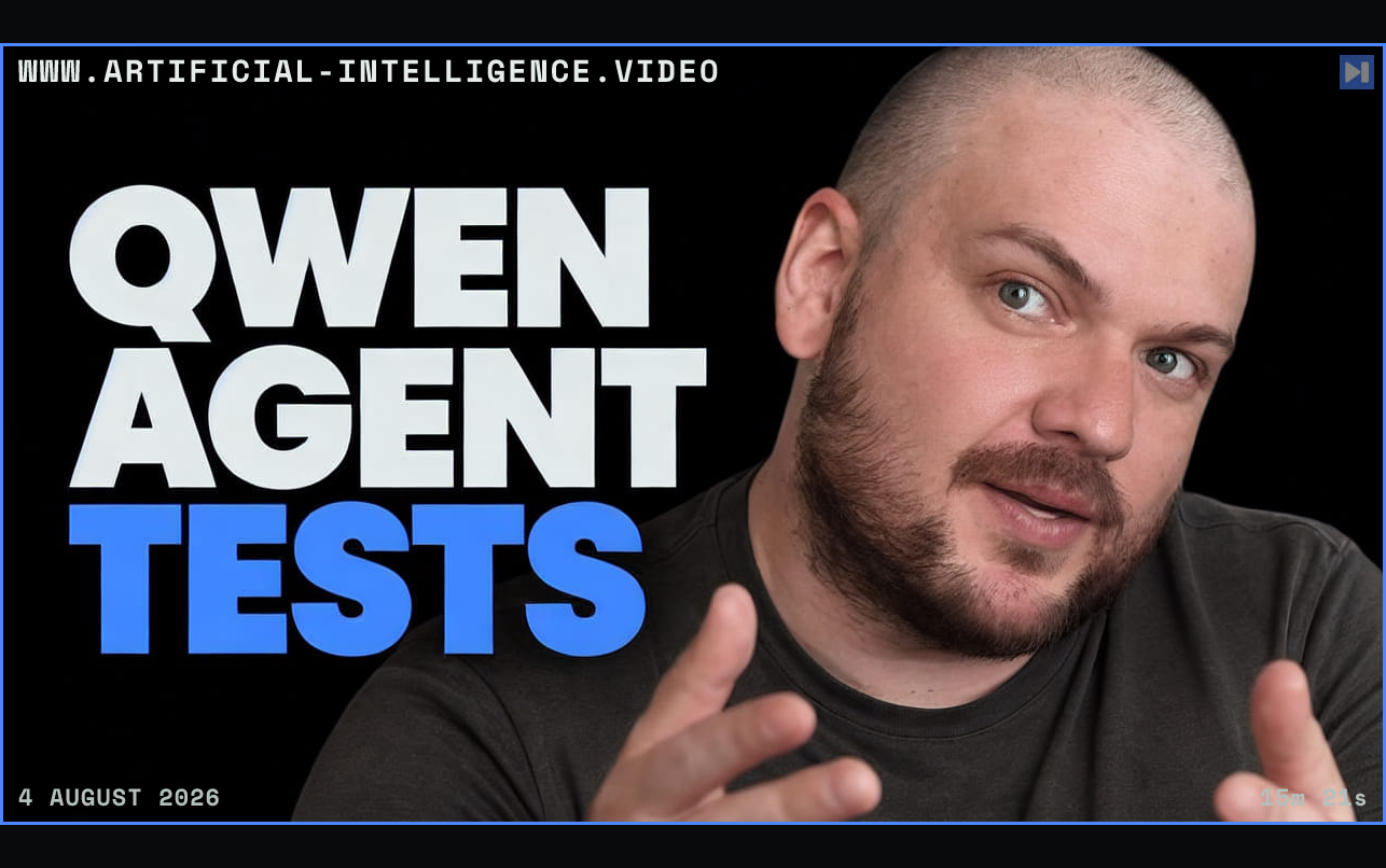 Wes Roth gestures beside the white-and-blue headline 'QWEN AGENT TESTS' on a black background. Framed in blue with WWW.ARTIFICIAL-INTELLIGENCE.VIDEO, 4 August 2026 and duration 15m 21s.