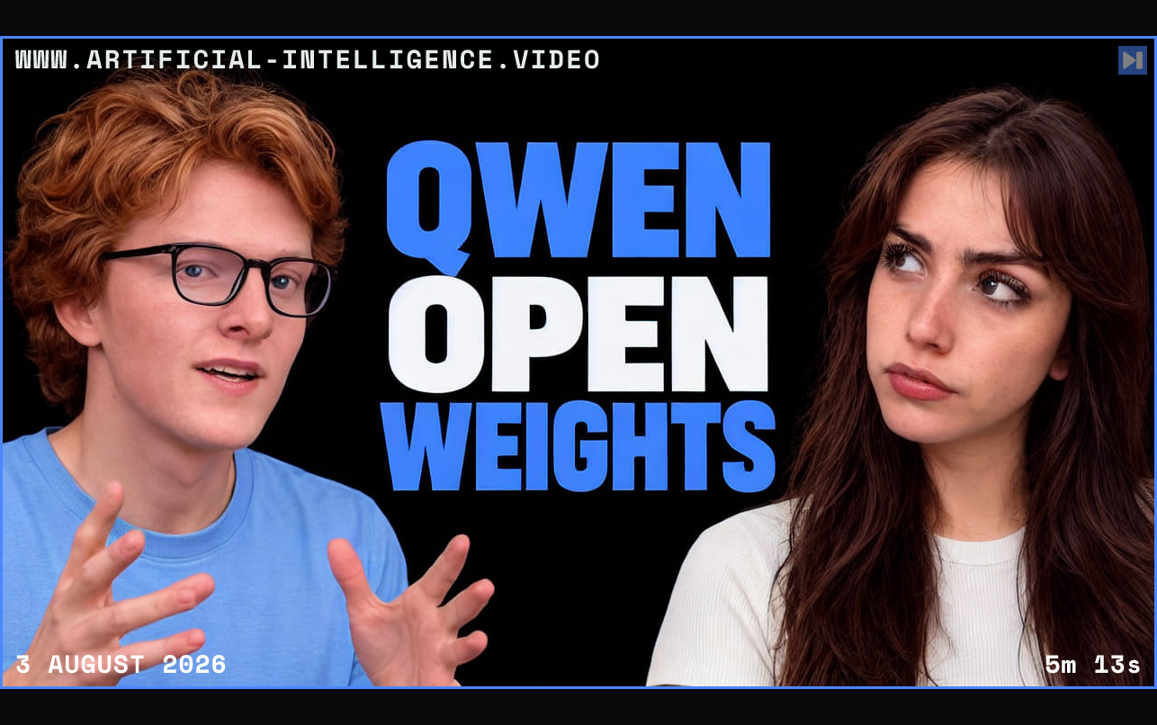 Theo Jaffee and Sofia Puccini beside the headline Qwen Open Weights against black. Framed in blue with WWW.ARTIFICIAL-INTELLIGENCE.VIDEO, 3 August 2026 and duration 5m 13s.