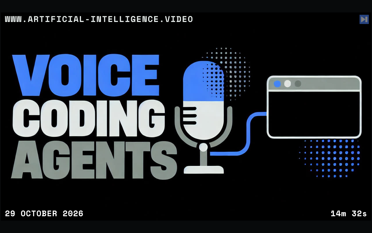 Flat illustration of a microphone and coding window with the headline VOICE CODING AGENTS. With WWW.ARTIFICIAL-INTELLIGENCE.VIDEO, 29 October 2026 and duration 14m 32s.