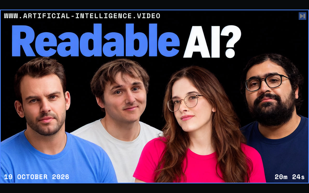 Nathaniel Whittemore, Nick Cammarata, Liv Gorton and Neel Nanda against black beside the headline Readable AI? Framed in blue with WWW.ARTIFICIAL-INTELLIGENCE.VIDEO, 19 October 2026 and duration 20m 24s.