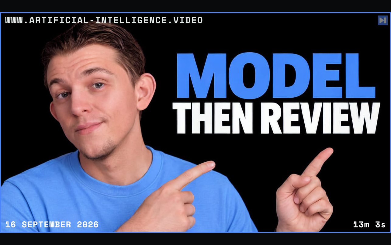 Riley Brown is shown beside the blue-and-white headline MODEL THEN REVIEW on a black background. Framed in blue with WWW.ARTIFICIAL-INTELLIGENCE.VIDEO, 16 September 2026 and duration 13m 3s.